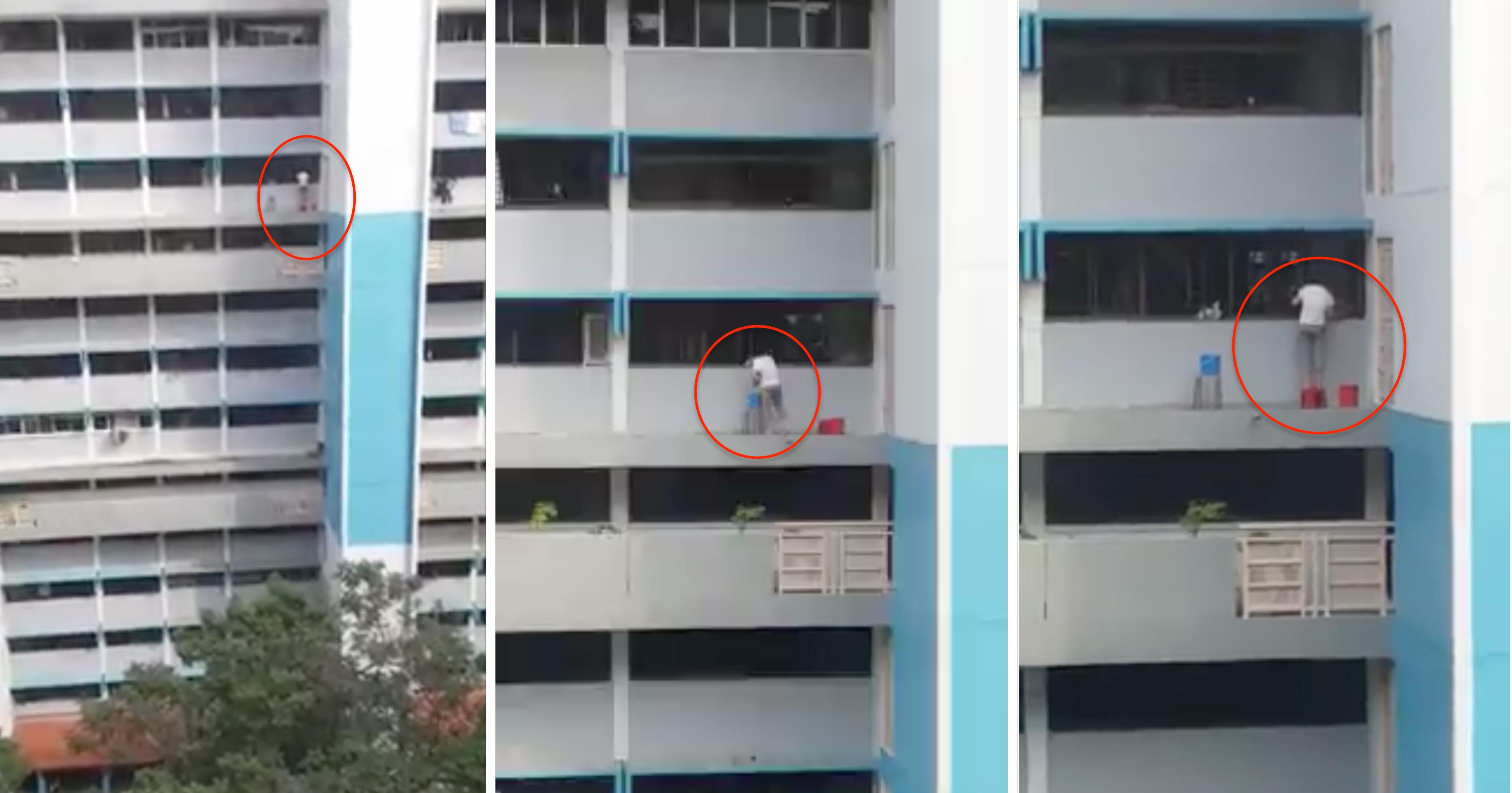 Woman filmed on video cleaning windows along HDB ledge, 11 floors up