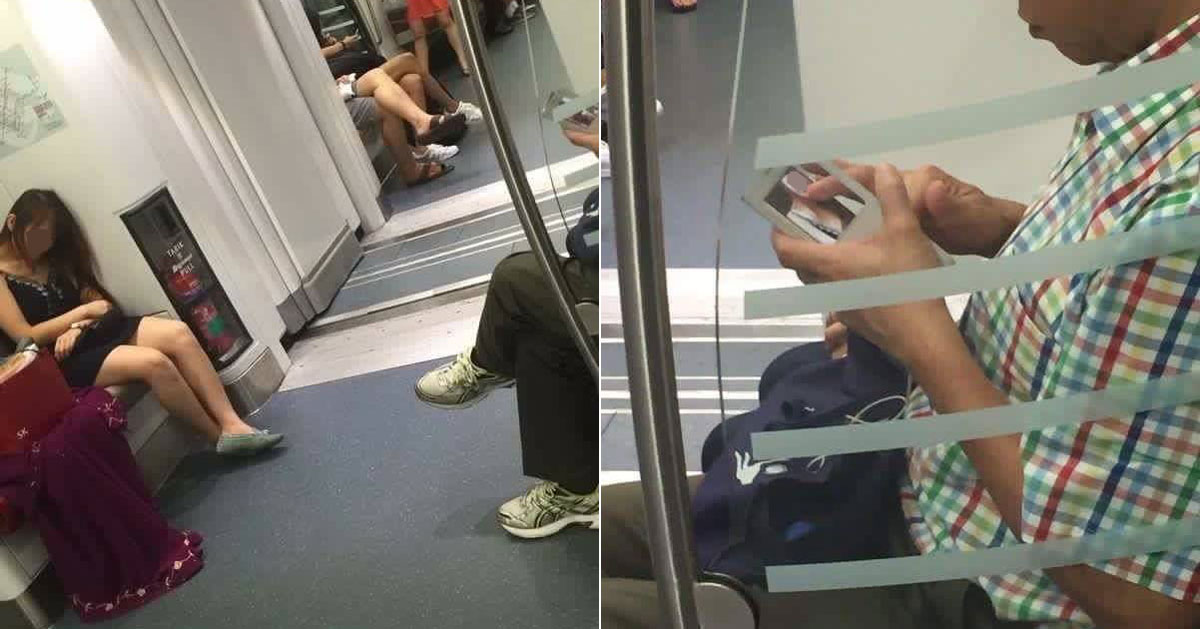 Dirty old man caught taking creep photo of woman sleeping opposite him on MRT train