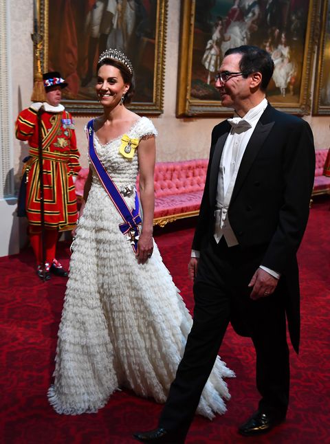 Kate Middleton Wore a White Alexander McQueen Gown With Her Tiara for the Queen's State Banquet for Trump
