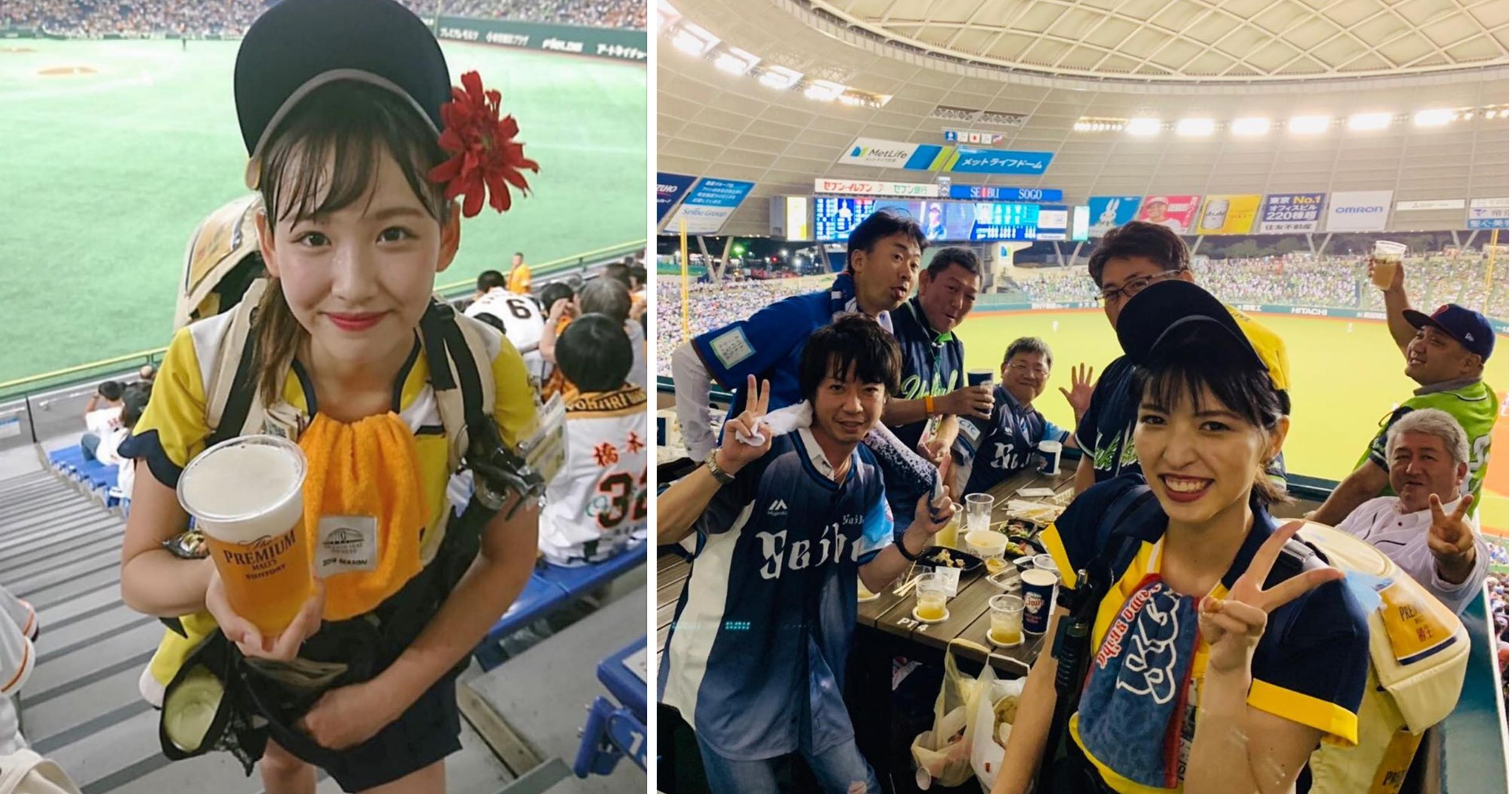 Young Japanese “uriko” beer sellers carry 17kg beer kegs around like it’s no big deal