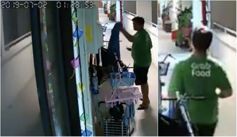 Man in GrabFood t-shirt caught on camera stealing towel from outside HDB flat