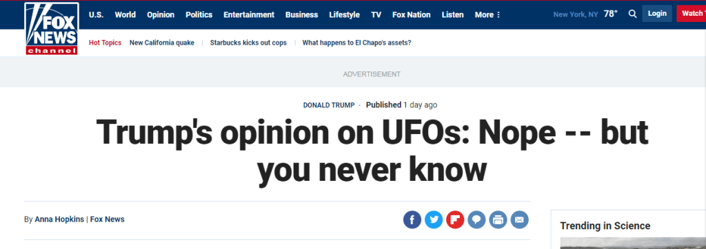 特朗普再谈UFO：我不相信这些，不过“一切皆有可能”
