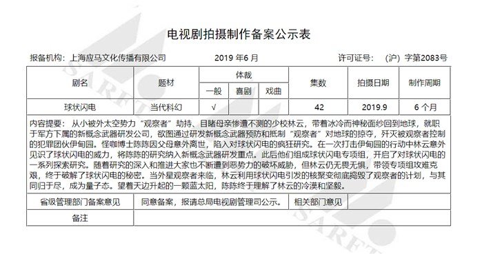 刘慈欣《球状闪电》通过备案：将被拍成电视剧