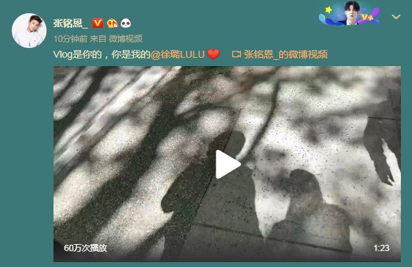 正式官宣！张铭恩晒视频甜蜜表白徐璐：Vlog是你的，你是我的