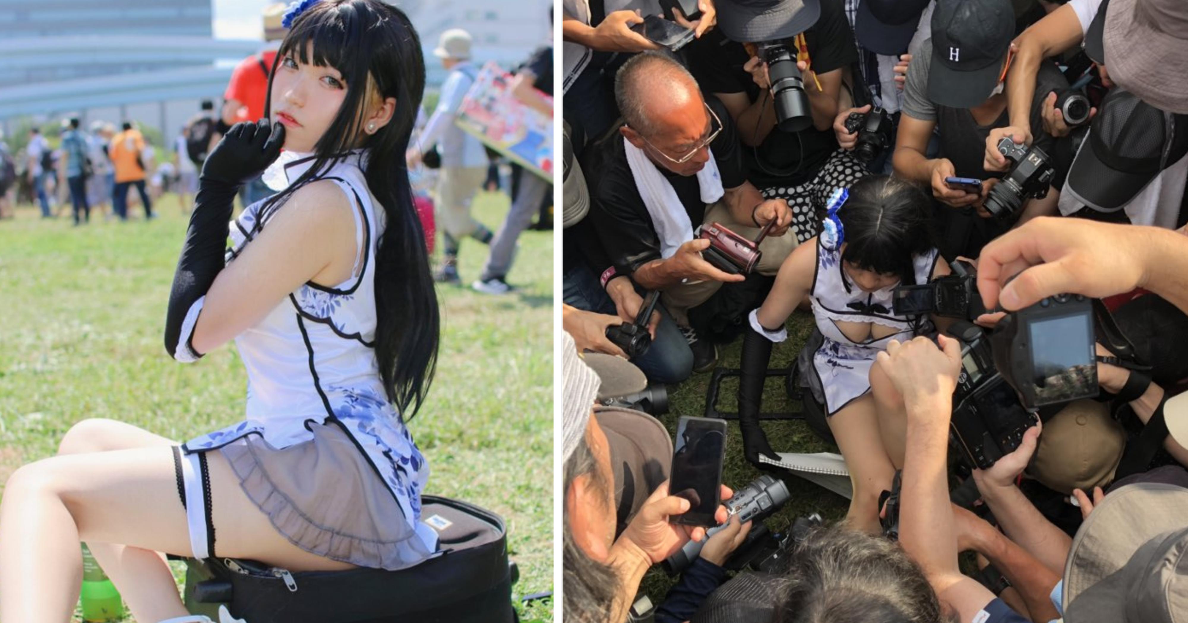 Cosplayer cries & desperately covers herself from upskirt shots, photographers keep shooting