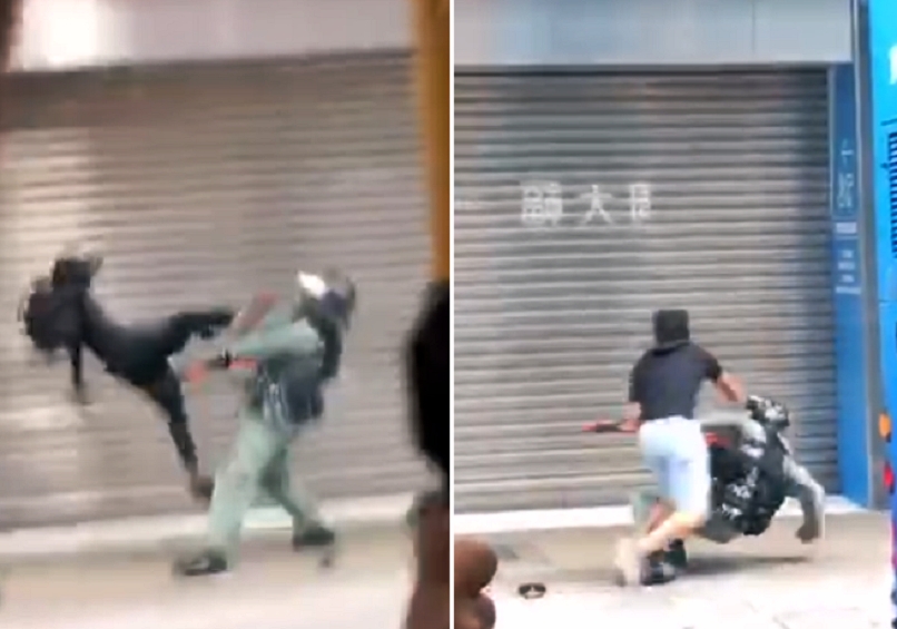【修例风波】旺角防暴警拉扯黑衣人 遭示威者起飞脚殴打