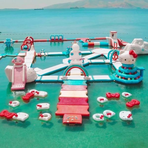 Sanrio float town in Philippines has Giant gudetama inflatables & hello kitty overwater playgrounds