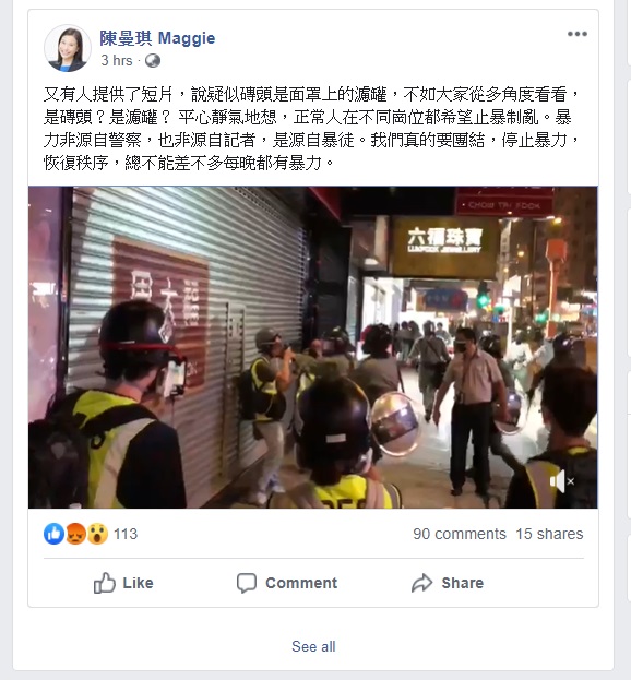 陈曼琪指有人疑将砖头弃下 港台谴责造谣抹黑称记者滤罐被警扯跌