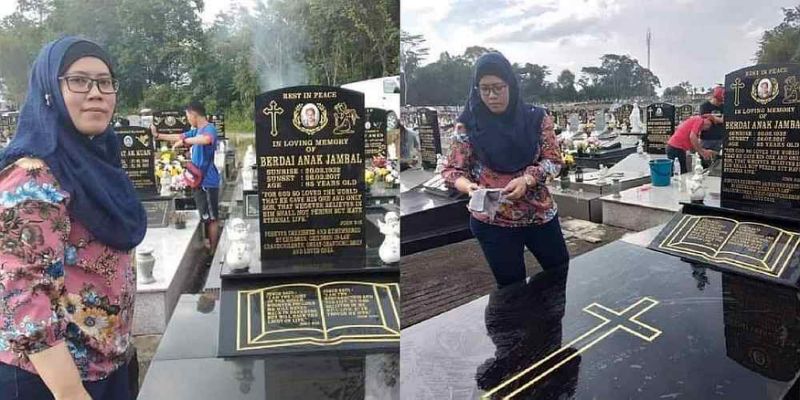 Muslim woman dutifully cleans grave of her Christian grandmother on All Souls' Day