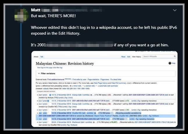 挑衅者恶意修改Wikipedia！直指马来西亚华裔是“狗”、“野种”？