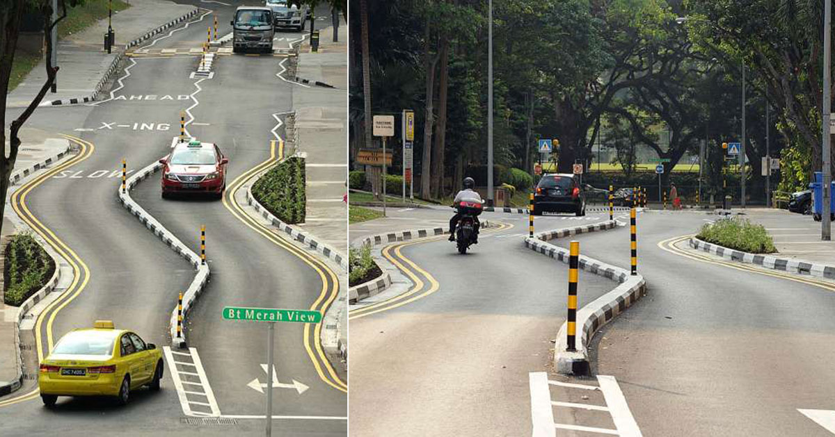 Bukit Merah View road really is funky curvy S-course to deter speeding, not optical illusion