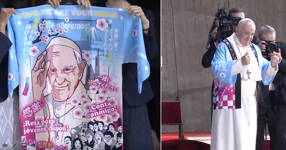 Pope dons traditional coat with anime image of his face to greet the Japanese