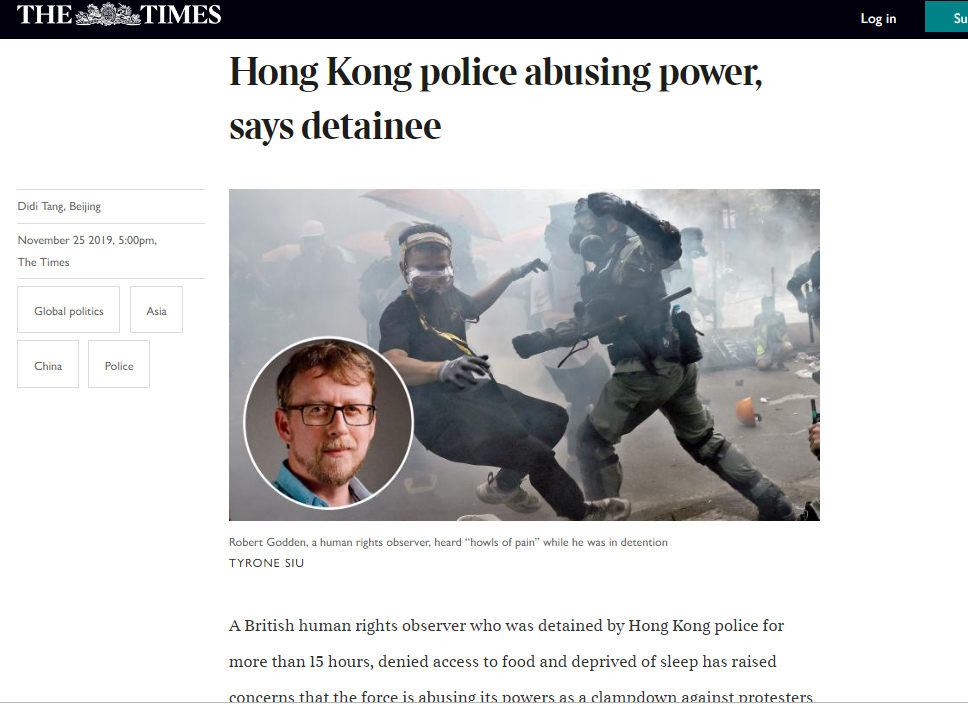 称理大外被捕扣留15小时被拒进食 英国人权监察成员：听到邻房惨叫声