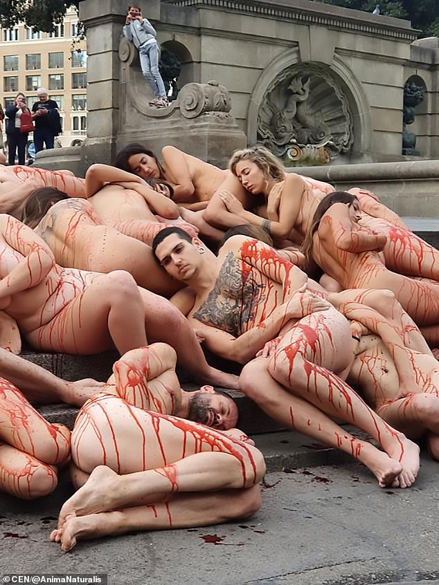 Naked animal rights activists lie covered in fake blood in the centre of Barcelona to demand an end to the fur industry