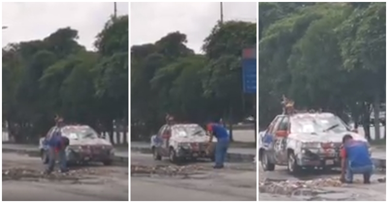 Johor Man Fed Up With Bad Road Conditions, Fills Up Pothole Himself