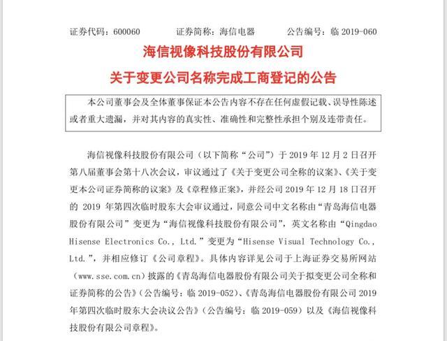 海信电器正式更名海信视像科技股份有限公司
