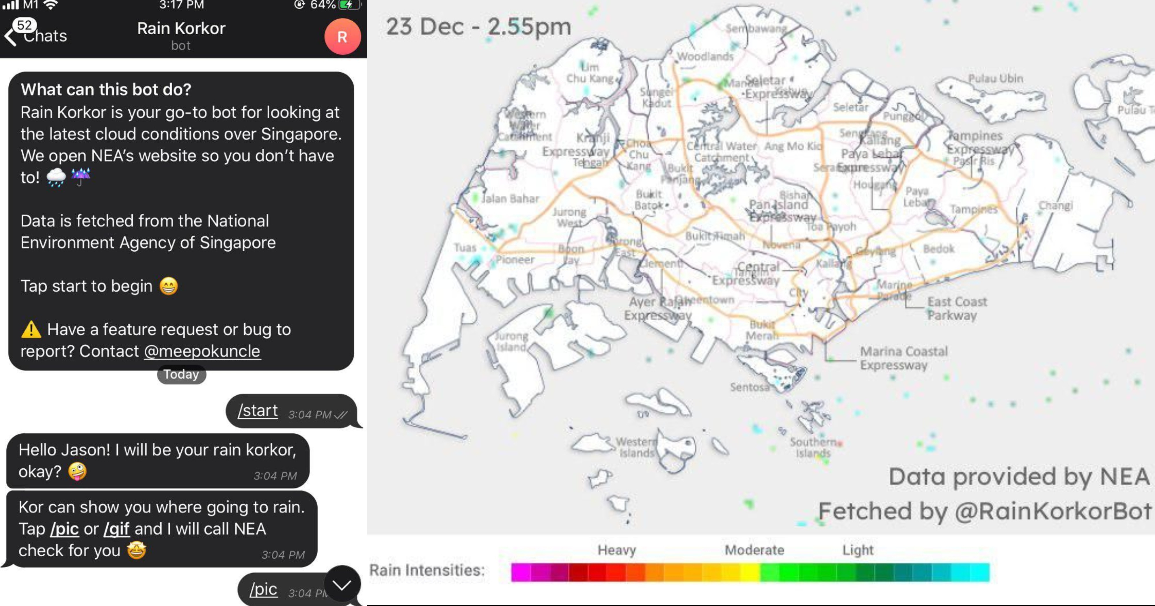 Redditor makes Telegram bot to fetch rain area data from NEA for lazy S’poreans