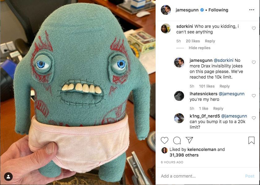Guardians of the Galaxy Director Bans Invisible Drax Jokes From His Instagram Page