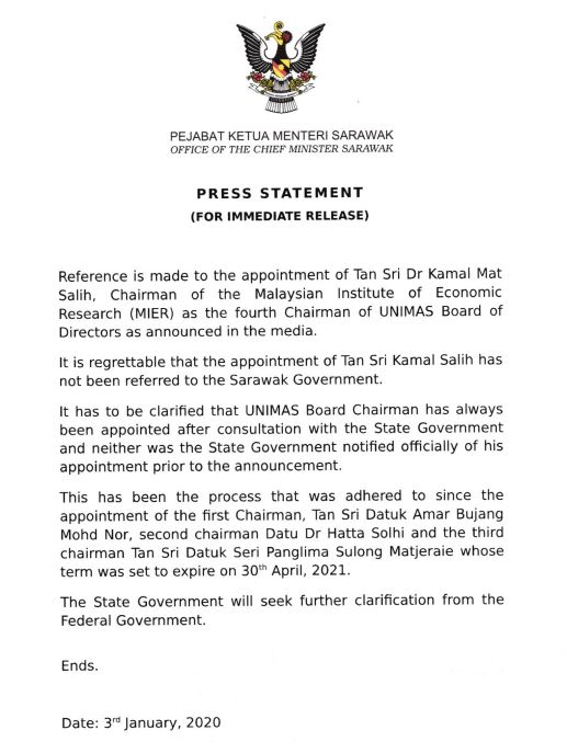 CMO: State govt not consulted on appointment of new Unimas chairman