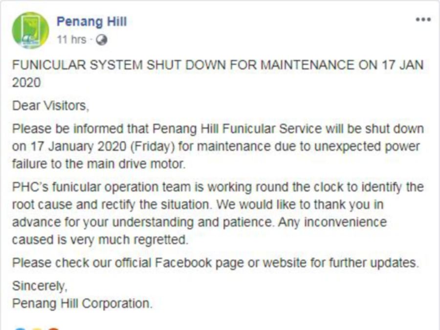 Penang Hill funicular train service disrupted again