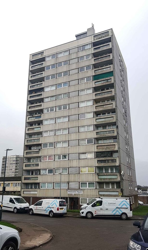 Inside tower block with faeces on stairs and where residents are offered drugs daily
