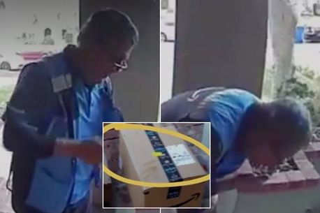 Amazon delivery driver caught spitting on hand and wiping it on parcel
