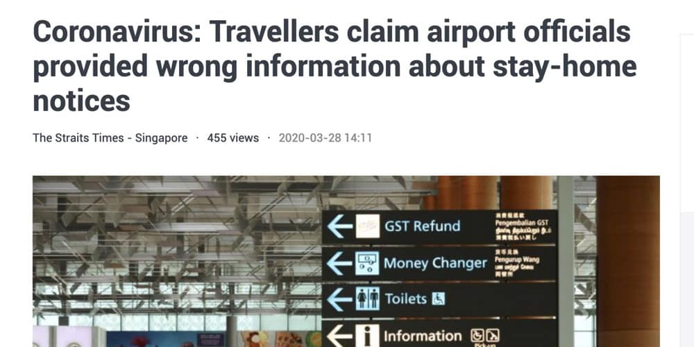 ST takes down article on travellers' accounts regarding purportedly "erroneous" information from airport officials on start of Stay-Home Notice, reuploads to emphasise ICA statement