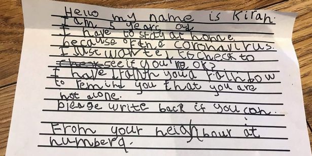 Girl, 5, sends adorable letter to 93-year-old neighbour who is self-isolating