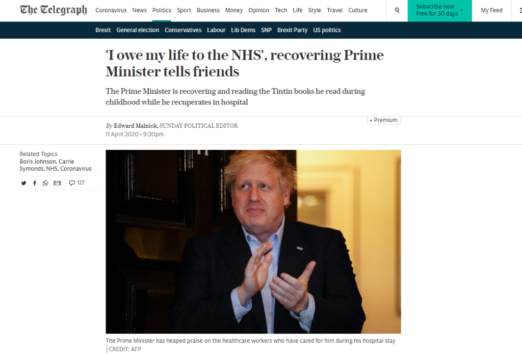 英媒：约翰逊出ICU后病情正在恢复，可以坐起来看书了