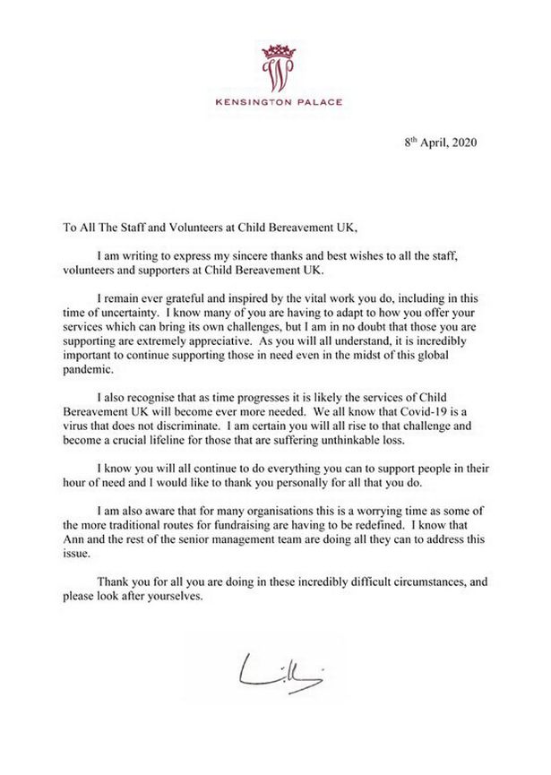 Prince William thanks child bereavement charity for 'vital' work during pandemic