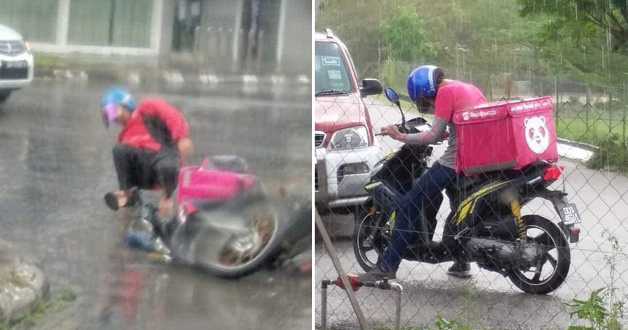 Food Panda Rider Slips & Falls In Heavy Rain But Picks Himself Up To Continue Delivery