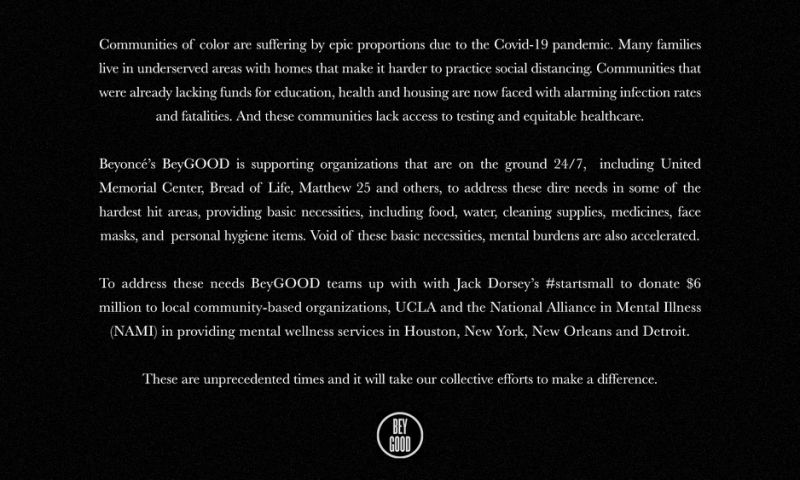 Beyoncé's charity gives $6 million to help communities of color hit by coronavirus