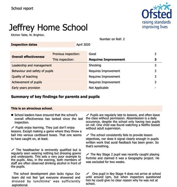 Teacher's Ofsted report on his home-schooling skills leaves parents in stitches