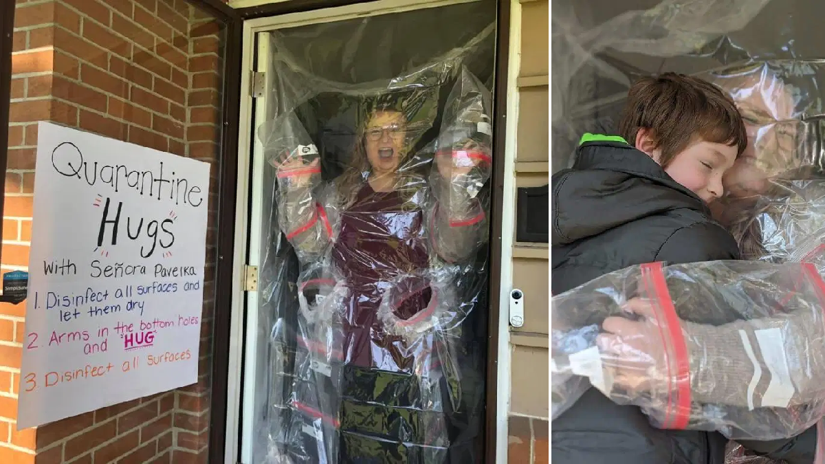 Teacher makes plastic hug machine so she can still embrace students during pandemic