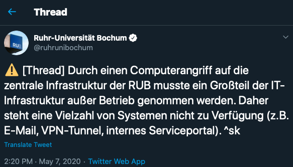 German university Ruhr-Universität Bochum's network suffers lethal cyber attack