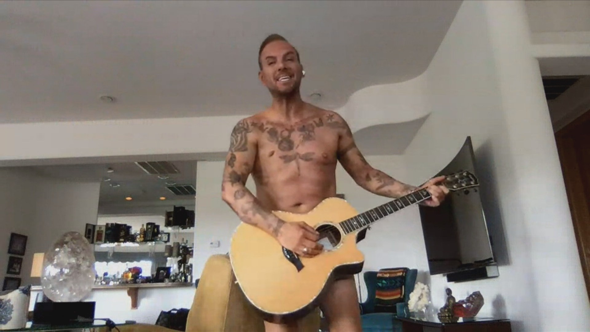 Matt Goss puts sock on his penis to protect his modesty and play guitar naked on Celebrity Juice