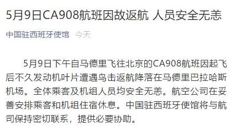 西班牙一飞北京航班发动机遭鸟击后返航 无人员伤亡