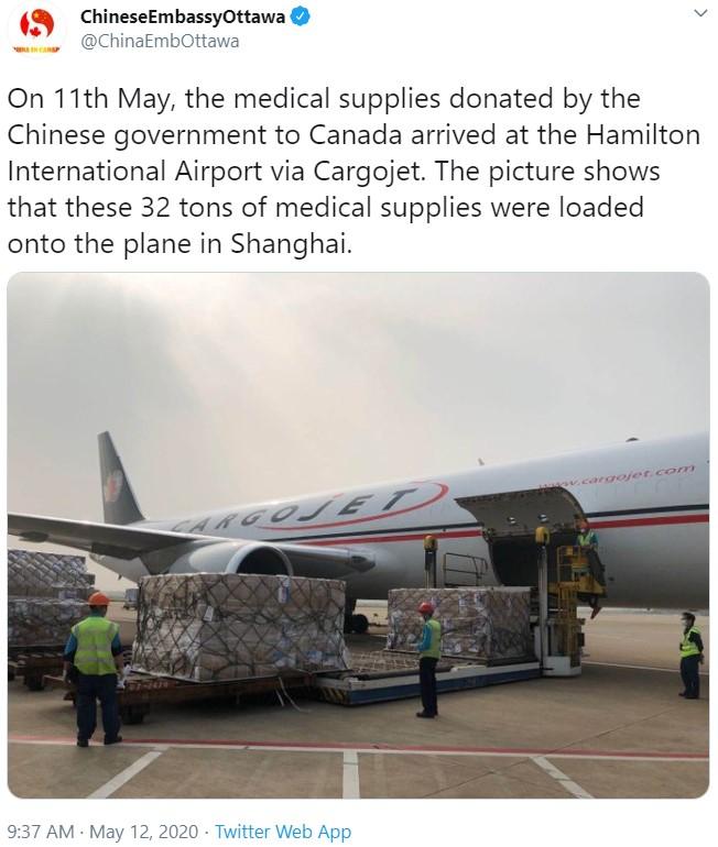 中国政府捐赠的32吨医疗物资运抵加拿大
