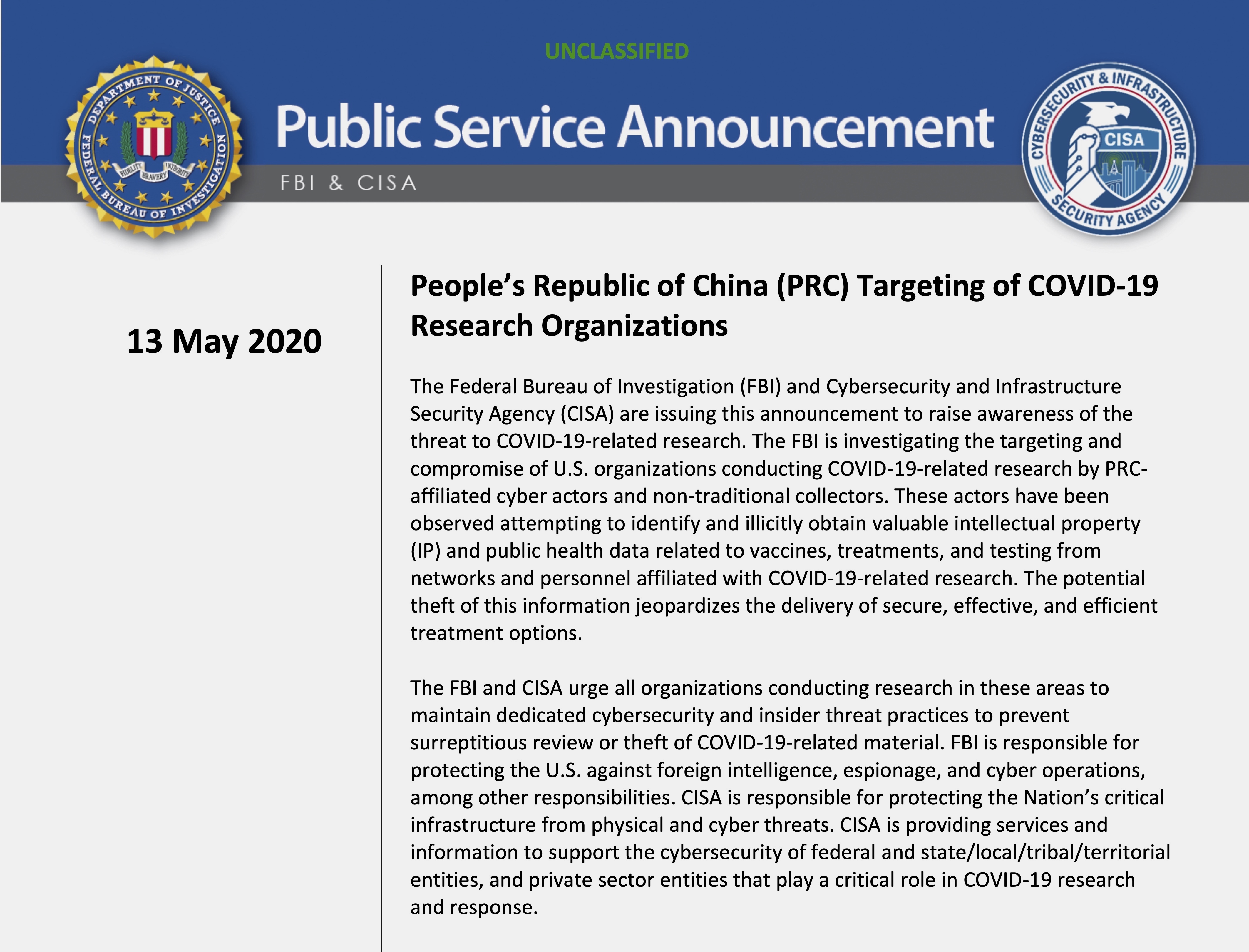 FBI and DHS accuse Chinese hackers of targeting US COVID-19 research