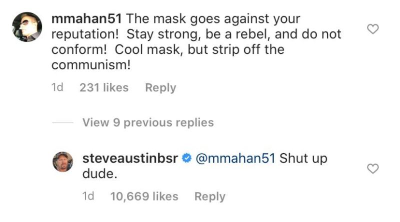 Stone cold steve austin shuts down critic WHO called his face mask 'communism'