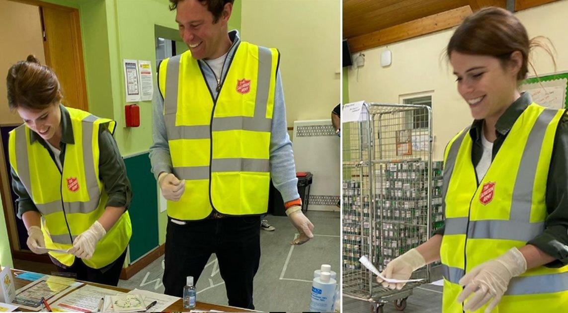 Princess Eugenie and husband Jack help prepare parcels at foodbank