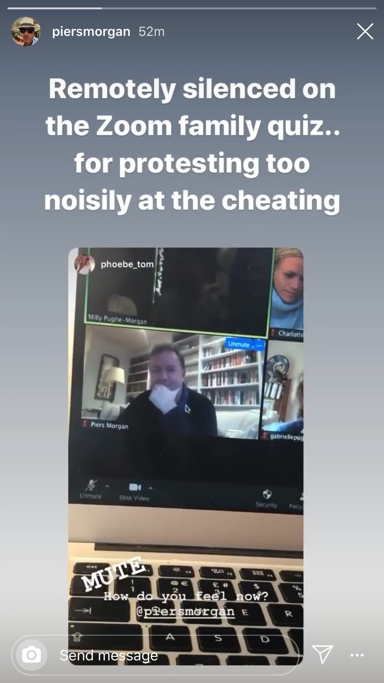 Piers Morgan’s family silence him on Zoom chat for ‘protesting too noisily at cheating’