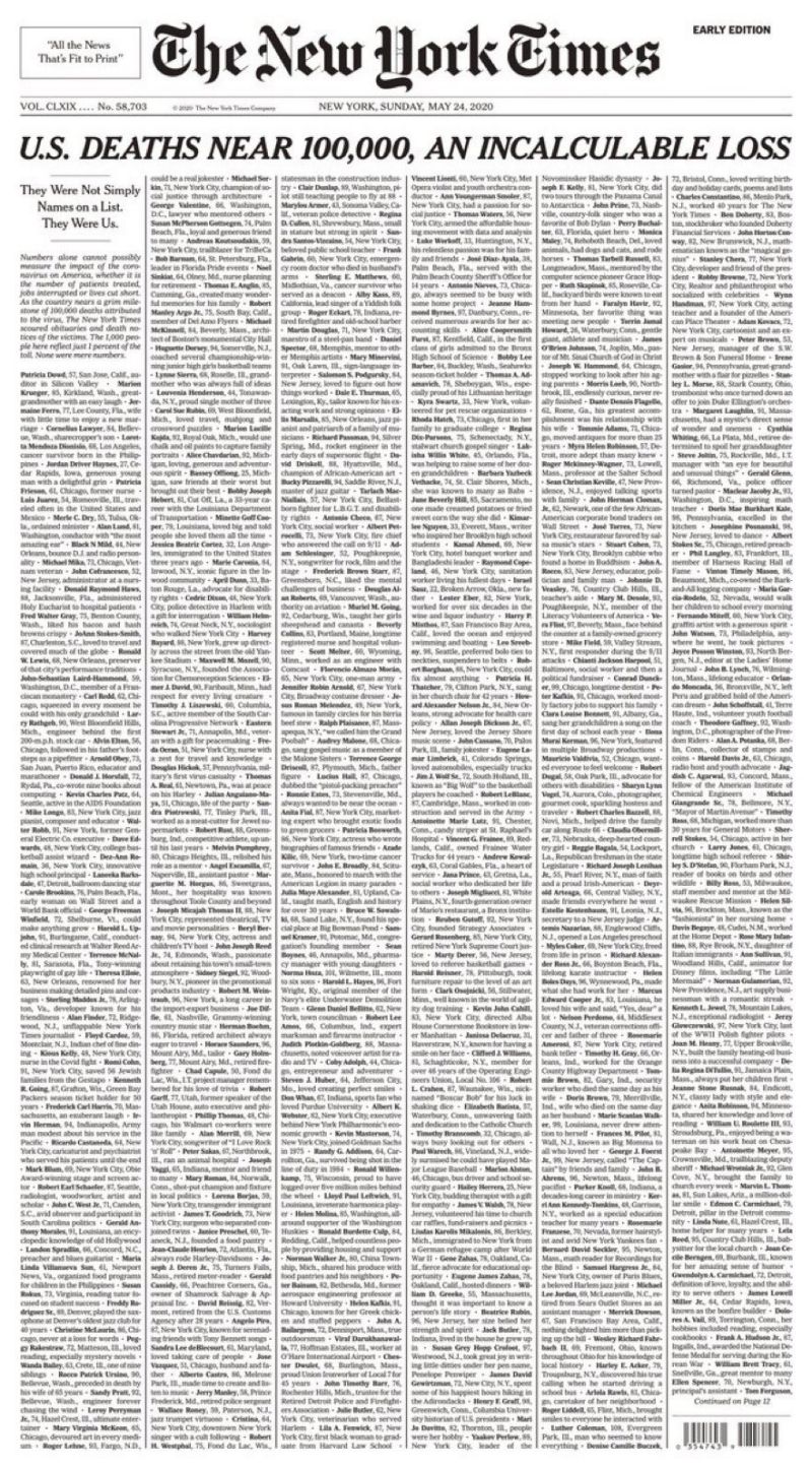 ‘An Incalculable Loss': NY Times Sunday Front Page Features 1,000 Coronavirus-Related Obits
