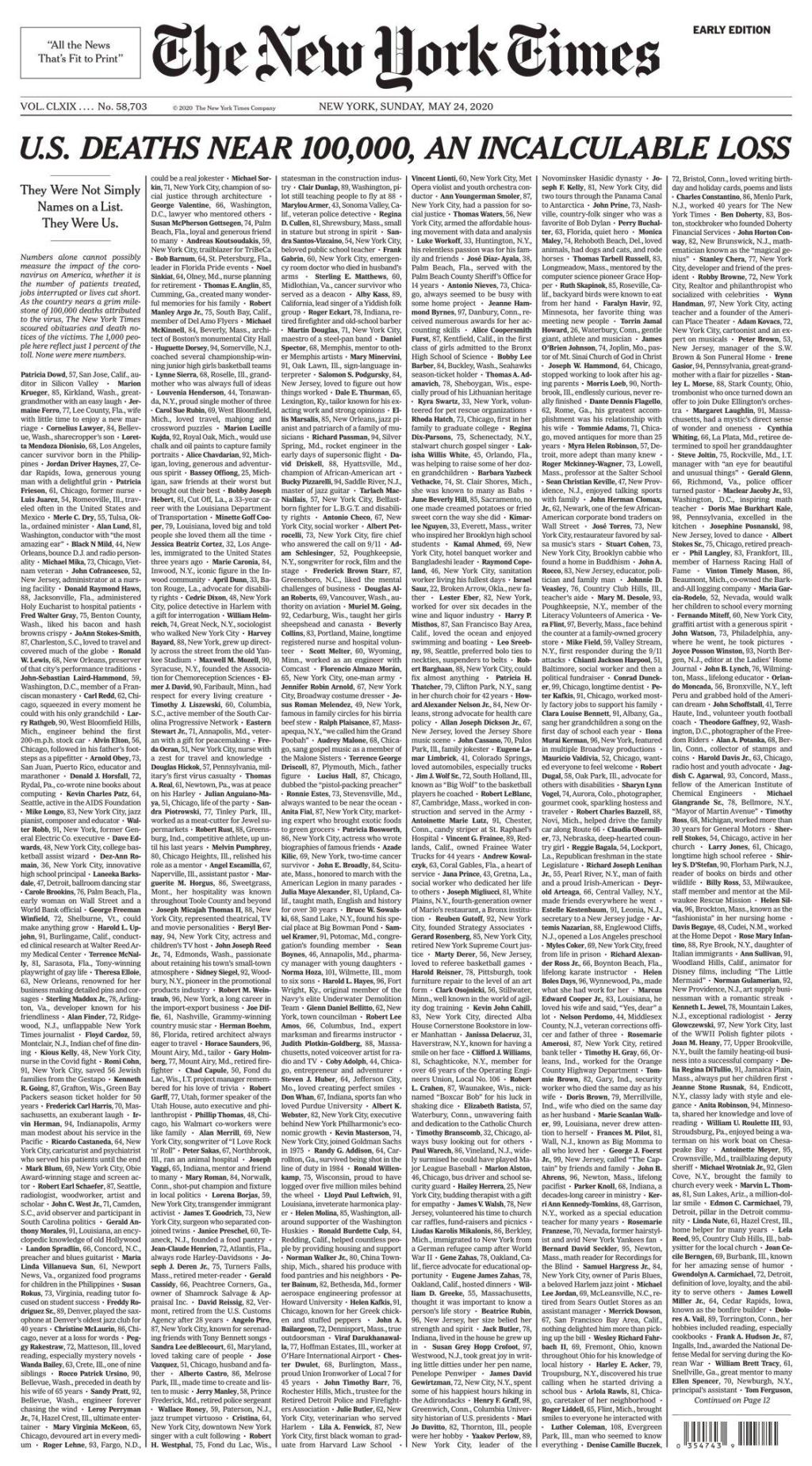 《纽约时报》：美国近10万人死亡，他们不仅仅是数字