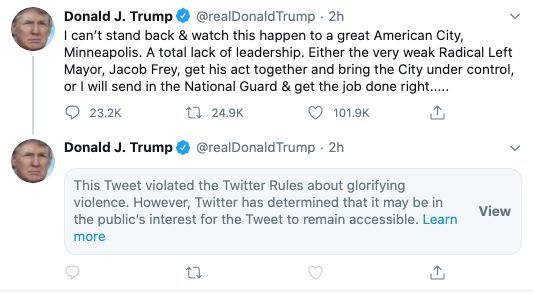 Twitter places ‘glorifying violence’ warning on Donald Trump's tweet about george floyd