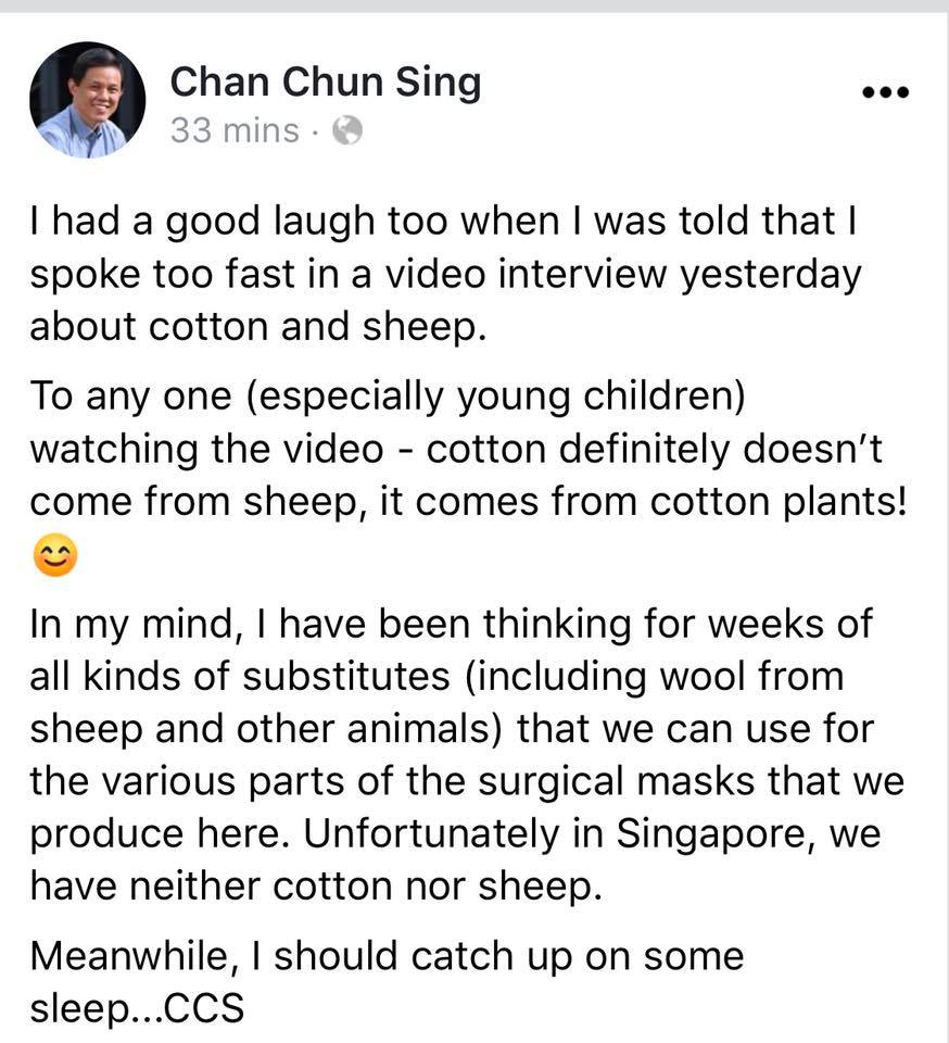Chan Chun Sing clarifies cotton does not come from sheep