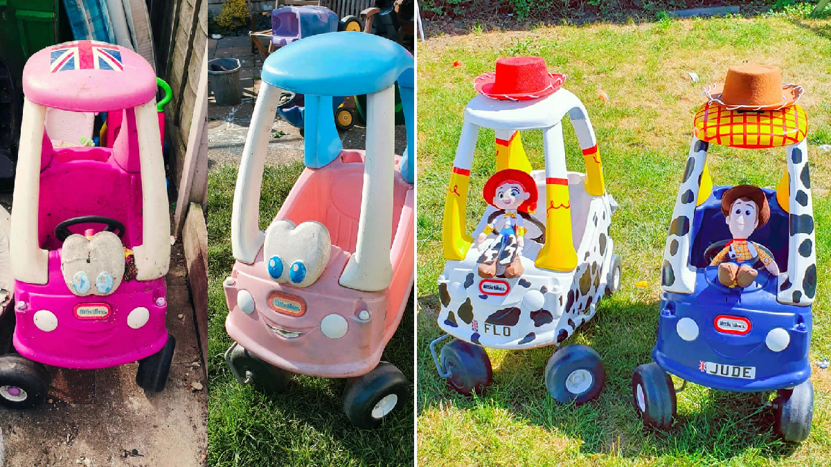 Dad gives second-hand Cozy Coupe cars Toy Story makeover costing just over £20 each