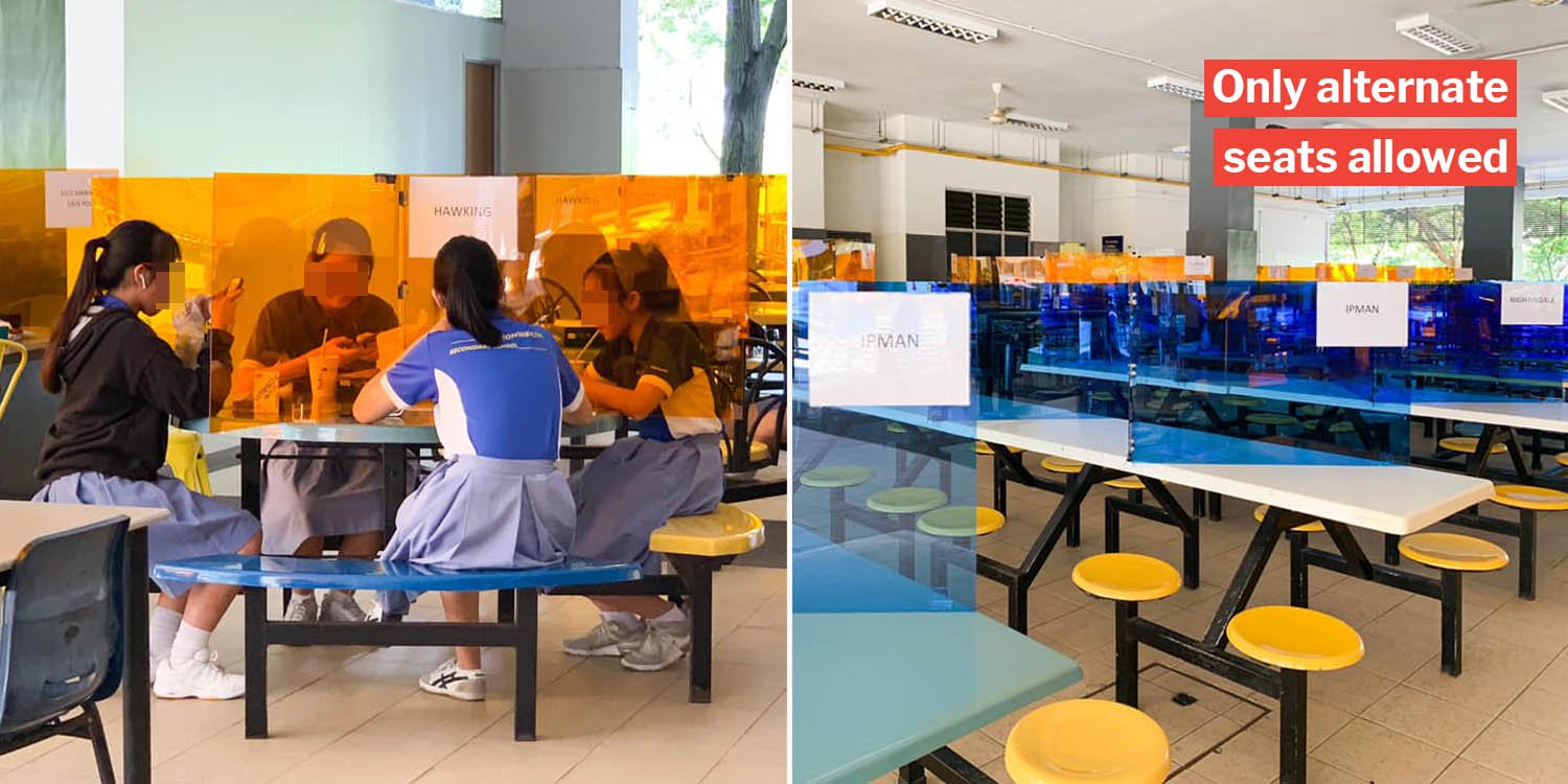 Commonwealth secondary school installs blue & orange plastic screens to safe-distance in canteen
