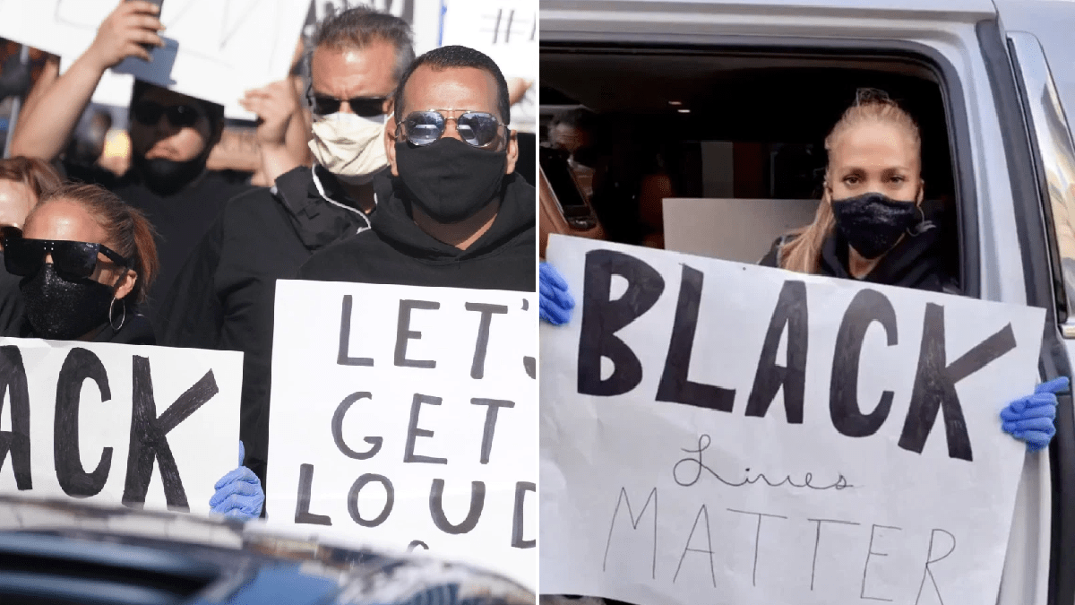 Jennifer Lopez marches with Black Lives Matter banner at Hollywood protest with Alex Rodriguez