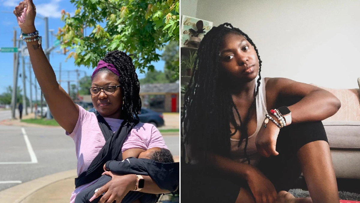 Breastfeeding woman protests with her children and advocates for justice for Black mums